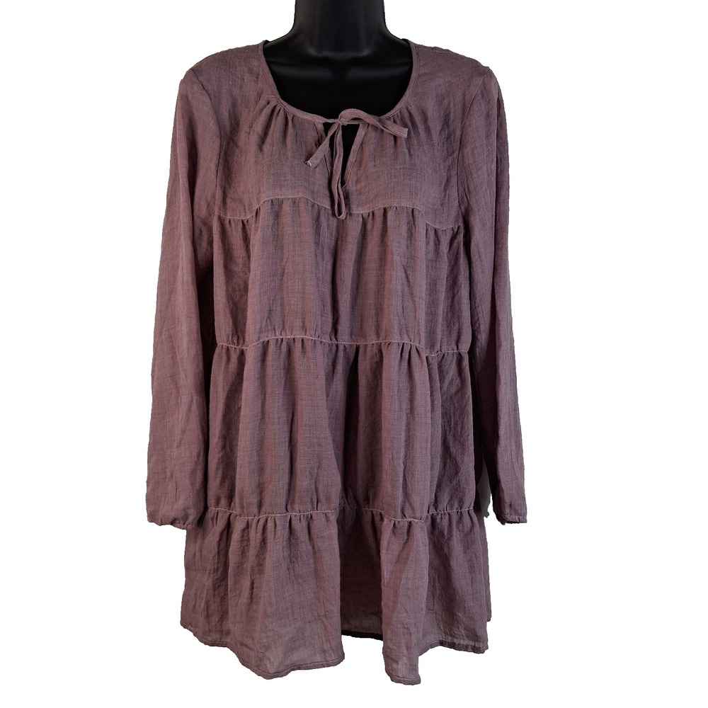 Dylan Women's Dusty Rose Ruffled Top Relaxed Round Neck Size M Tie Front‎ Boho